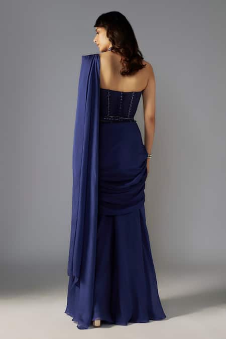 Buy Maisolos Blue Net, Chiffon Sequins, Solid Pre-draped Sharara Saree With Corset Blouse Online at Aza Fashions Buy_Maisolos_Blue Net, Chiffon Sequins, Solid Pre-draped Sharara Saree With Corset Blouse _Online_at_Aza_Fashions