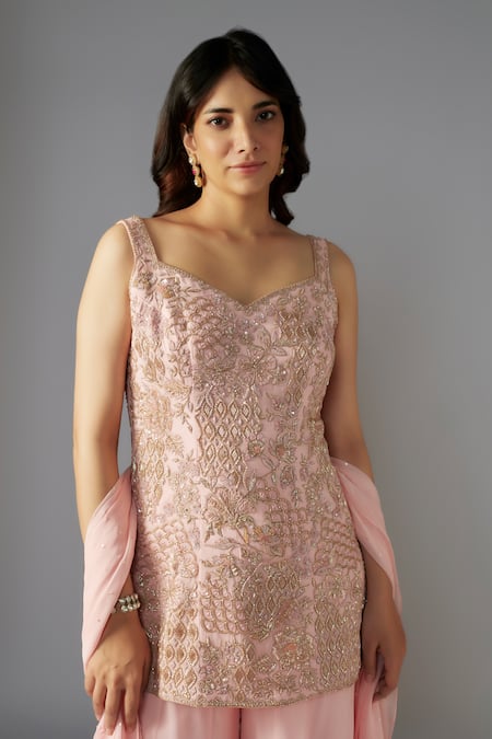 Shop Maisolos Pink Georgette Beads, Sequins Floral Scallop Embellished Kurta Sharara Set at Aza Fashions Shop_Maisolos_Pink Georgette Beads, Sequins Floral Scallop Embellished Kurta Sharara Set _at_Aza_Fashions