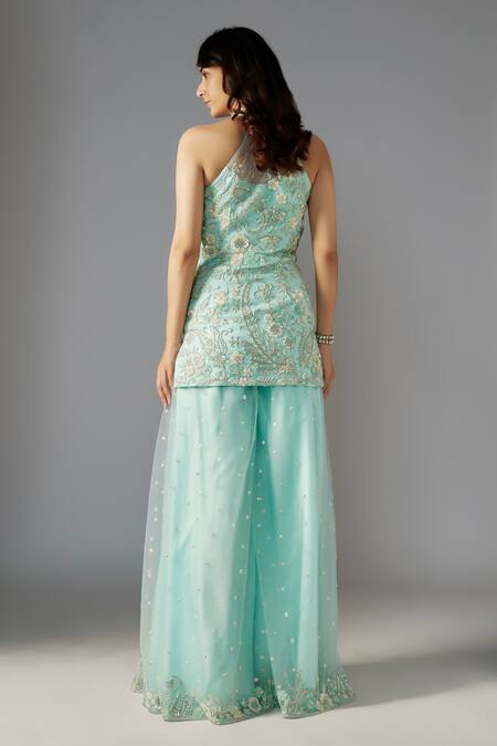 Shop Maisolos Blue Georgette Sequins, Beads Floral Paisley Embellished Kurta Sharara Set at Aza Fashions Shop_Maisolos_Blue Georgette Sequins, Beads Floral Paisley Embellished Kurta Sharara Set_at_Aza_Fashions