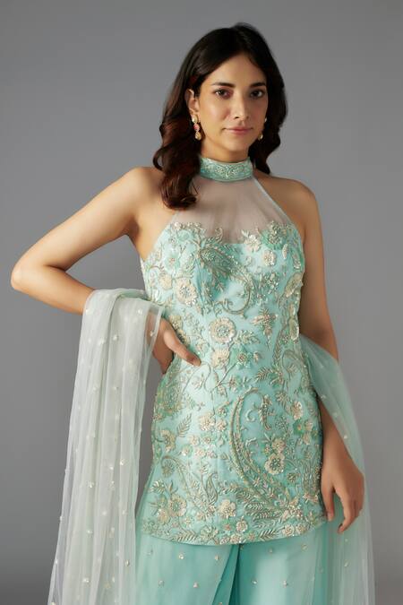 Maisolos Blue Georgette Sequins, Beads Floral Paisley Embellished Kurta Sharara Set Online at Aza Fashions Maisolos_Blue Georgette Sequins, Beads Floral Paisley Embellished Kurta Sharara Set_Online_at_Aza_Fashions