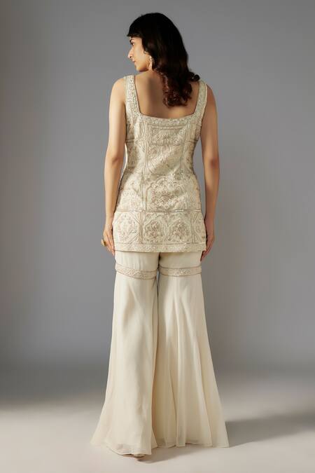 Shop Maisolos Ivory Georgette Sequins, Beads Square Geometric Embellished Kurta Sharara Set at Aza Fashions Shop_Maisolos_Ivory Georgette Sequins, Beads Square Geometric Embellished Kurta Sharara Set_at_Aza_Fashions