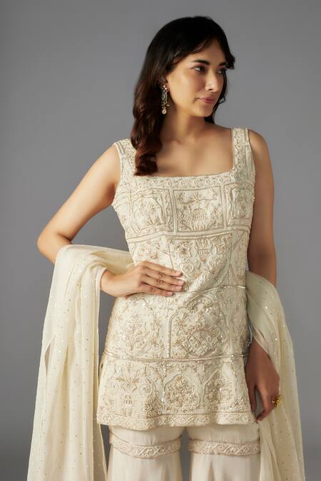 Maisolos Ivory Georgette Sequins, Beads Square Geometric Embellished Kurta Sharara Set Online at Aza Fashions Maisolos_Ivory Georgette Sequins, Beads Square Geometric Embellished Kurta Sharara Set_Online_at_Aza_Fashions