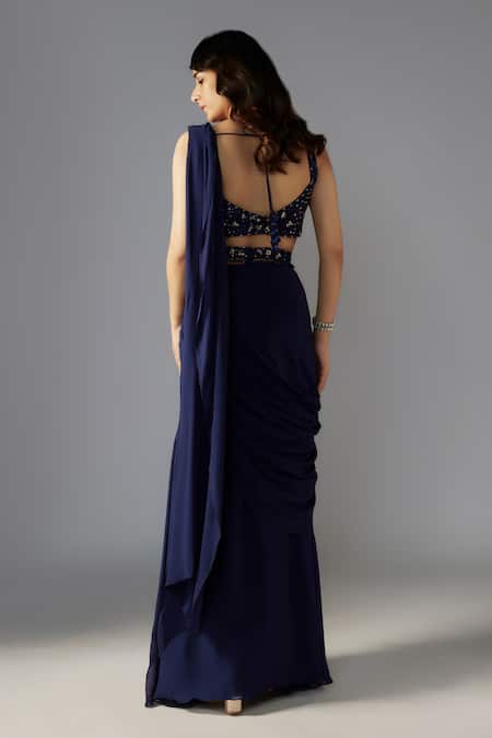 Shop Maisolos Blue Net, Georgette Sequins, Beads Solid Pre-draped Saree Embellished Blouse Set at Aza Fashions Shop_Maisolos_Blue Net, Georgette Sequins, Beads Solid Pre-draped Saree Embellished Blouse Set _at_Aza_Fashions