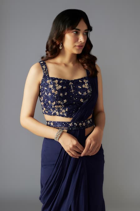 Maisolos Blue Net, Georgette Sequins, Beads Solid Pre-draped Saree Embellished Blouse Set Online at Aza Fashions Maisolos_Blue Net, Georgette Sequins, Beads Solid Pre-draped Saree Embellished Blouse Set _Online_at_Aza_Fashions