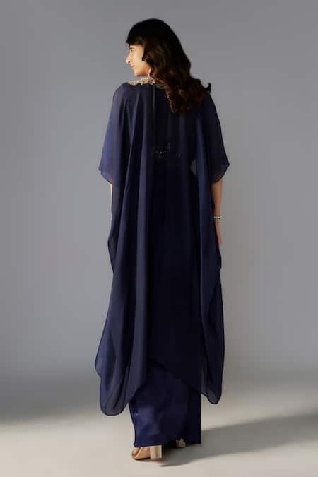 Shop_Maisolos_Blue Crepe, Satin Sequins, Beads Blossom Embellished Cape Draped Skirt Set _at_Aza_Fashions