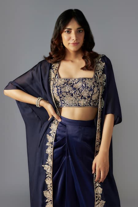 Maisolos_Blue Crepe, Satin Sequins, Beads Blossom Embellished Cape Draped Skirt Set _Online_at_Aza_Fashions