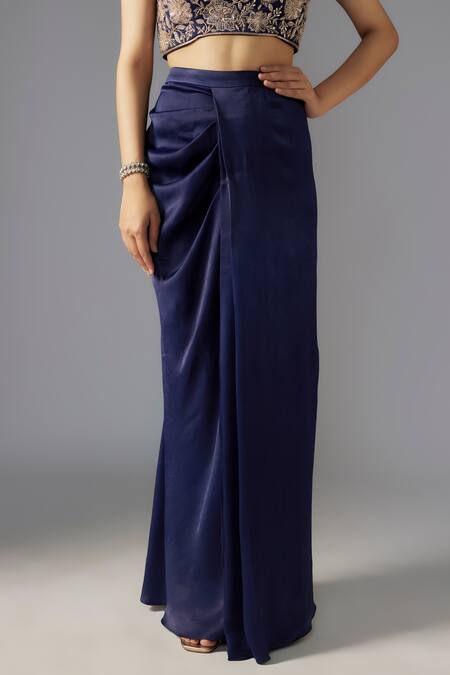 Buy_Maisolos_Blue Crepe, Satin Sequins, Beads Blossom Embellished Cape Draped Skirt Set _Online_at_Aza_Fashions