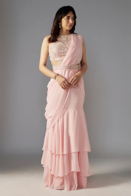 MAISOLOS Pink Blouse Net Embellished Bead Round Tiered Mermaid Pre-draped Saree Set 