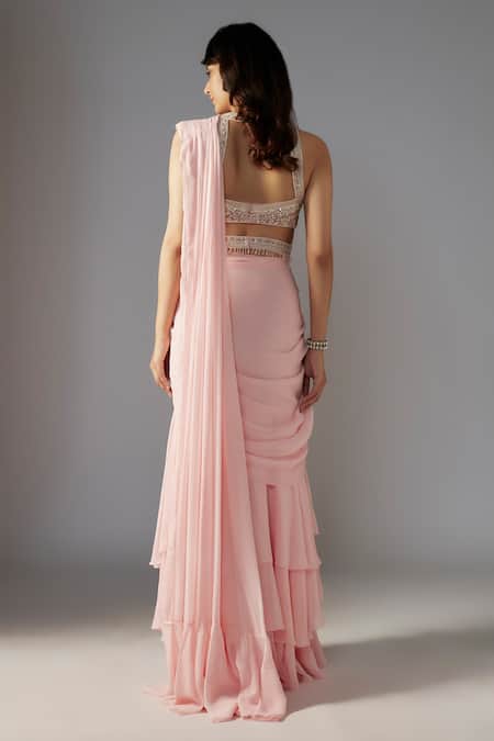Shop Maisolos Pink Net, Georgette Sequins, Beads Tiered Mermaid Pre-draped Saree Blouse Set at Aza Fashions Shop_Maisolos_Pink Net, Georgette Sequins, Beads Tiered Mermaid Pre-draped Saree Blouse Set _at_Aza_Fashions