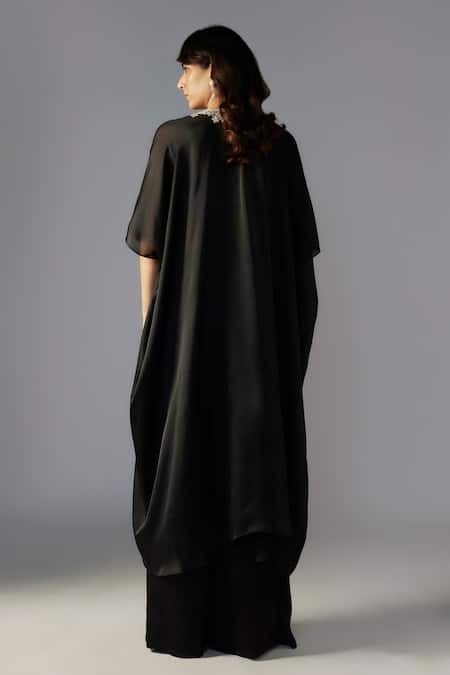 Shop Maisolos Black Crepe Sequins, Beads Sweetheart Neck Blossom Embellished Cape Sharara Set at Aza Fashions Shop_Maisolos_Black Crepe Sequins, Beads Sweetheart Neck Blossom Embellished Cape Sharara Set _at_Aza_Fashions