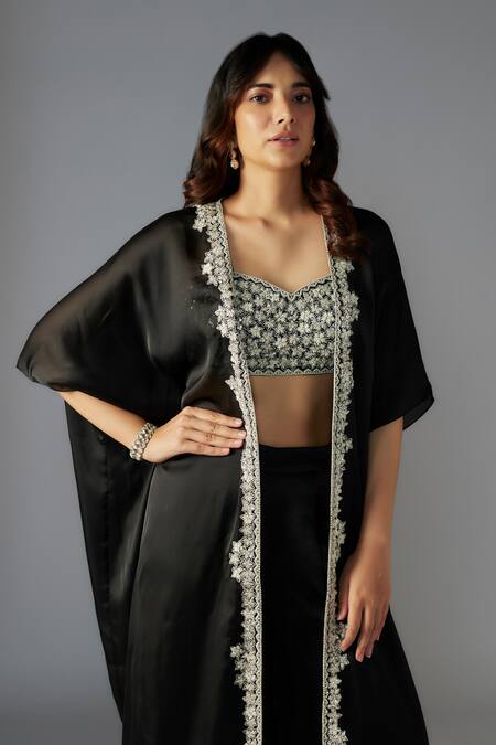 Maisolos Black Crepe Sequins, Beads Sweetheart Neck Blossom Embellished Cape Sharara Set Online at Aza Fashions Maisolos_Black Crepe Sequins, Beads Sweetheart Neck Blossom Embellished Cape Sharara Set _Online_at_Aza_Fashions