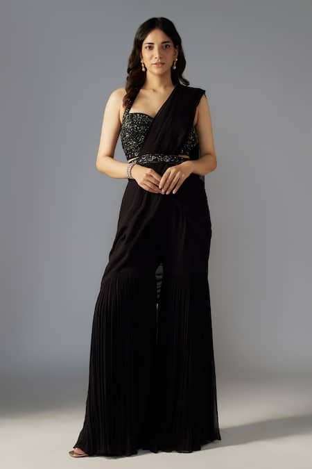 MAISOLOS Black Georgette Embellished Bead Solid Pre-draped Sharara Saree Blouse Set 