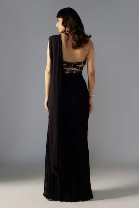 Maisolos Solid Pre-Draped Sharara Saree Embellished Blouse Set 