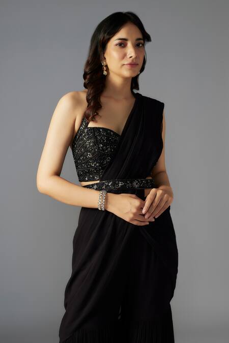 Maisolos Black Net, Georgette Solid Pre-draped Sharara Saree Embellished Blouse Set Online at Aza Fashions Maisolos_Black Net, Georgette Solid Pre-draped Sharara Saree Embellished Blouse Set _Online_at_Aza_Fashions