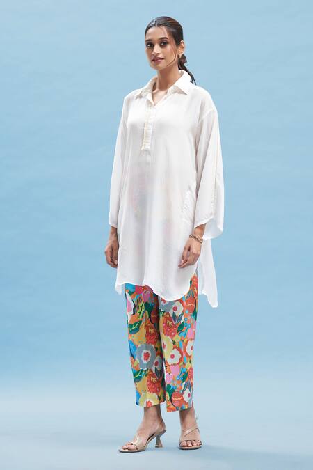Shop_Affroz_White Crepe Collared Solid Kimono Kurta With Printed Pant_Online_at_Aza_Fashions