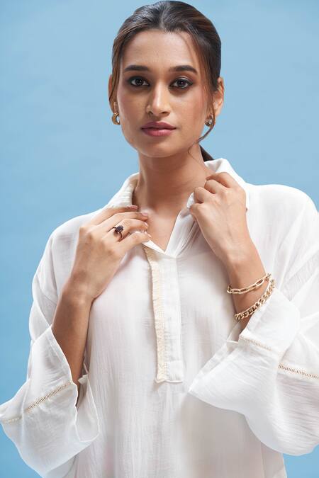 Buy_Affroz_White Crepe Collared Solid Kimono Kurta With Printed Pant