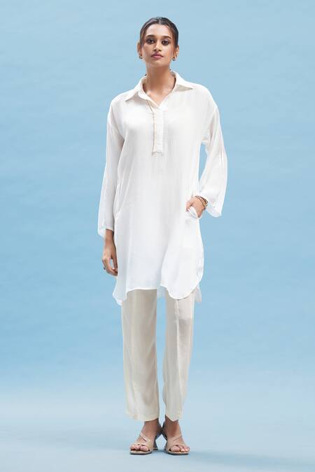 Affroz_White Crepe Fringe Collared Solid Kimono Kurta And Pant Set_Online_at_Aza_Fashions