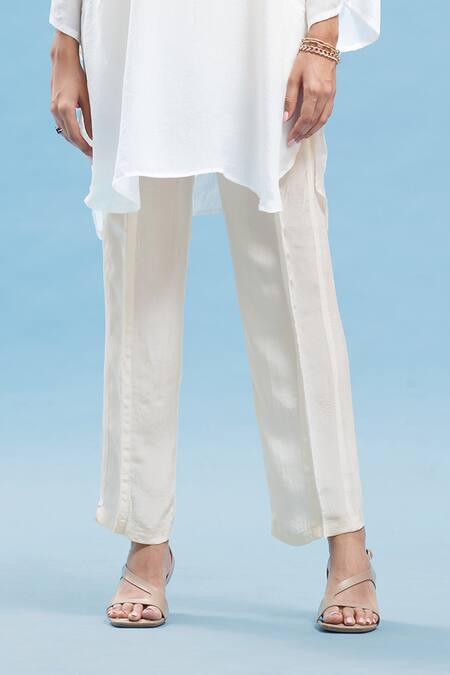 Buy_Affroz_White Crepe Fringe Collared Solid Kimono Kurta And Pant Set_Online_at_Aza_Fashions