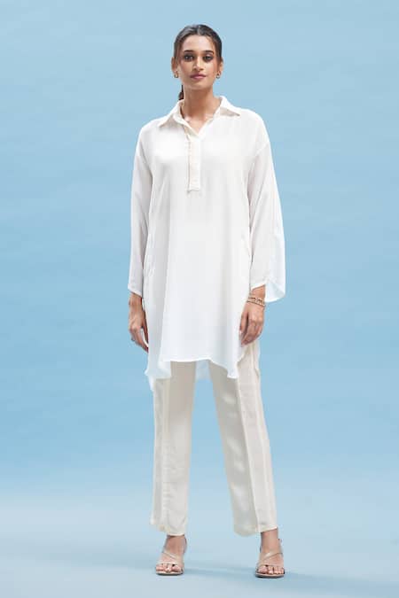 Shop_Affroz_White Crepe Fringe Collared Solid Kimono Kurta And Pant Set_Online_at_Aza_Fashions