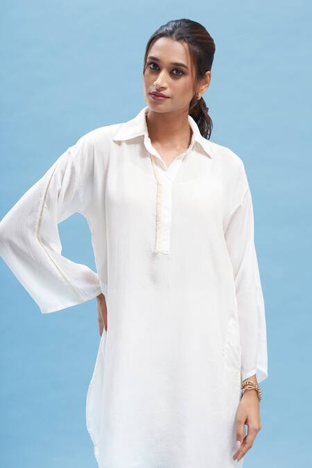 Affroz_White Crepe Fringe Collared Solid Kimono Kurta And Pant Set_at_Aza_Fashions