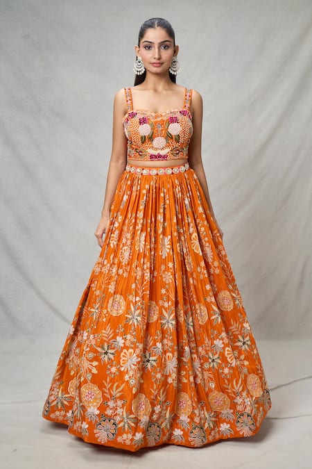 Samyukta Singhania Orange Crepe, Chiffon Pearls, Sequins, Beads Floral Embroidered Lehenga Set Online at Aza Fashions Samyukta Singhania_Orange Crepe, Chiffon Pearls, Sequins, Beads Floral Embroidered Lehenga Set _Online_at_Aza_Fashions