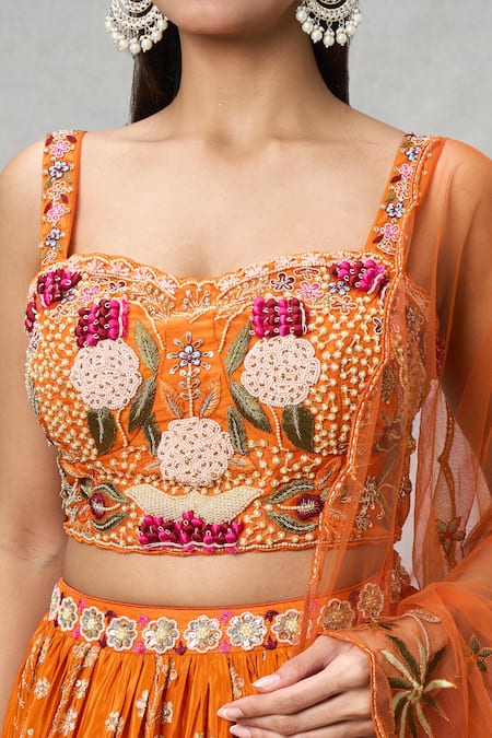 Buy Samyukta Singhania Orange Crepe, Chiffon Pearls, Sequins, Beads Floral Embroidered Lehenga Set Online at Aza Fashions Buy_Samyukta Singhania_Orange Crepe, Chiffon Pearls, Sequins, Beads Floral Embroidered Lehenga Set _Online_at_Aza_Fashions