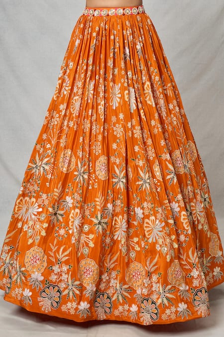 Shop Samyukta Singhania Orange Crepe, Chiffon Pearls, Sequins, Beads Floral Embroidered Lehenga Set Online at Aza Fashions Shop_Samyukta Singhania_Orange Crepe, Chiffon Pearls, Sequins, Beads Floral Embroidered Lehenga Set _Online_at_Aza_Fashions