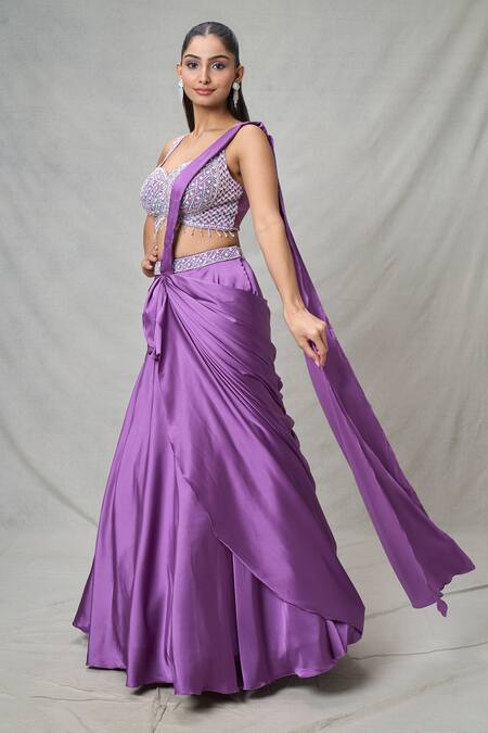 Shop Samyukta Singhania Wine Satin Cut Work, Sequins, Beads Sweetheart Embroidered Draped Lehenga Set at Aza Fashions Shop_Samyukta Singhania_Wine Satin Cut Work, Sequins, Beads Sweetheart Embroidered Draped Lehenga Set_at_Aza_Fashions