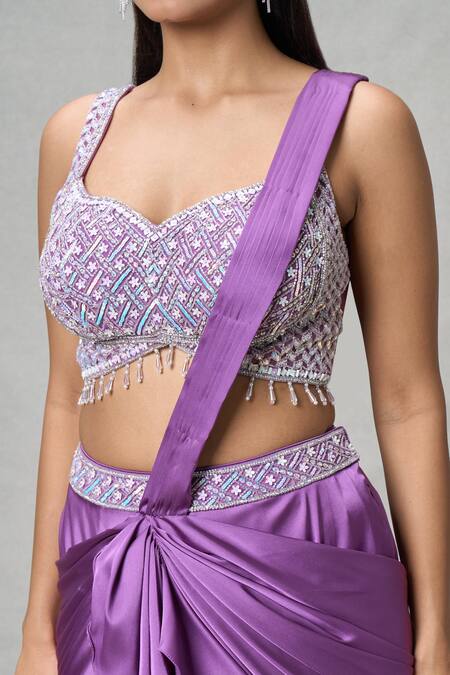 Samyukta Singhania Wine Satin Cut Work, Sequins, Beads Sweetheart Embroidered Draped Lehenga Set Online at Aza Fashions Samyukta Singhania_Wine Satin Cut Work, Sequins, Beads Sweetheart Embroidered Draped Lehenga Set_Online_at_Aza_Fashions