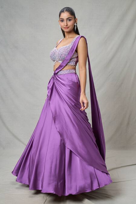 Buy Samyukta Singhania Wine Satin Cut Work, Sequins, Beads Sweetheart Embroidered Draped Lehenga Set Online at Aza Fashions Buy_Samyukta Singhania_Wine Satin Cut Work, Sequins, Beads Sweetheart Embroidered Draped Lehenga Set_Online_at_Aza_Fashions