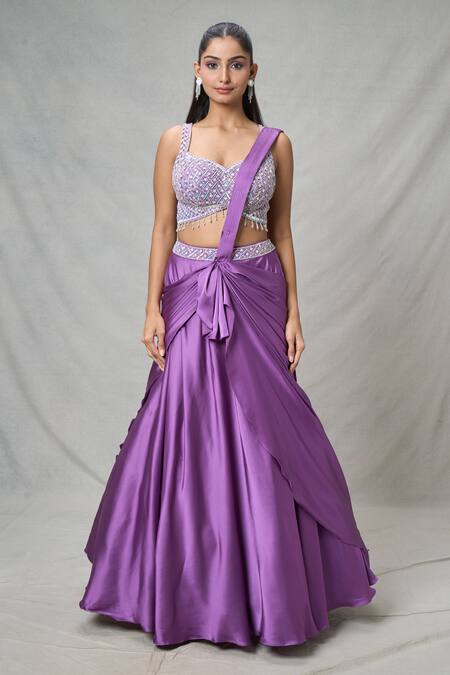 Samyukta Singhania Wine Satin Cut Work, Sequins, Beads Sweetheart Embroidered Draped Lehenga Set at Aza Fashions Samyukta Singhania_Wine Satin Cut Work, Sequins, Beads Sweetheart Embroidered Draped Lehenga Set_at_Aza_Fashions