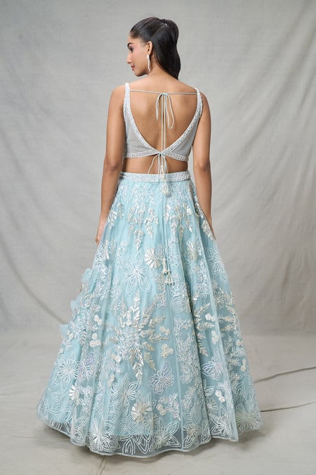 Shop_Samyukta Singhania_Blue Net Pearls, Sequins, Tassels Floral Thread Embroidered Lehenga Set _at_Aza_Fashions