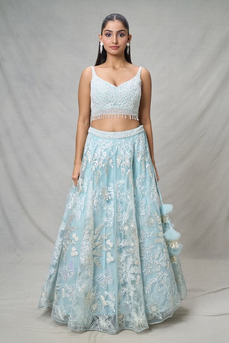 Samyukta Singhania_Blue Net Pearls, Sequins, Tassels Floral Thread Embroidered Lehenga Set _Online_at_Aza_Fashions