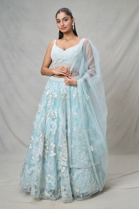 Shop_Samyukta Singhania_Blue Net Pearls, Sequins, Tassels Floral Thread Embroidered Lehenga Set _Online_at_Aza_Fashions