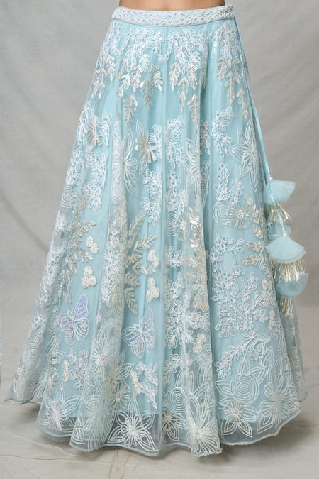 Samyukta Singhania_Blue Net Pearls, Sequins, Tassels Floral Thread Embroidered Lehenga Set _at_Aza_Fashions