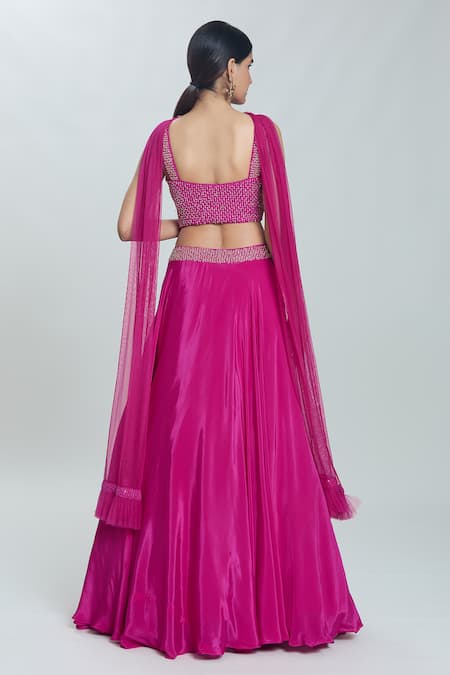 Shop Naintara Bajaj Pink Crepe Cut Work, Stones, Beads Flared Embroidered Waistline Lehenga Set at Aza Fashions Shop_Naintara Bajaj_Pink Crepe Cut Work, Stones, Beads Flared Embroidered Waistline Lehenga Set _at_Aza_Fashions