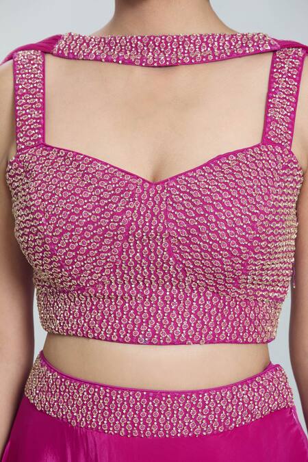 Naintara Bajaj Pink Crepe Cut Work, Stones, Beads Flared Embroidered Waistline Lehenga Set Online at Aza Fashions Naintara Bajaj_Pink Crepe Cut Work, Stones, Beads Flared Embroidered Waistline Lehenga Set _Online_at_Aza_Fashions