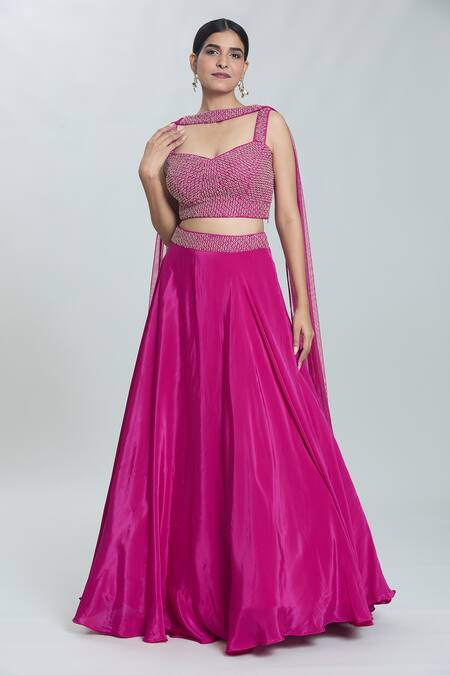 Shop Naintara Bajaj Pink Crepe Cut Work, Stones, Beads Flared Embroidered Waistline Lehenga Set Online at Aza Fashions Shop_Naintara Bajaj_Pink Crepe Cut Work, Stones, Beads Flared Embroidered Waistline Lehenga Set _Online_at_Aza_Fashions