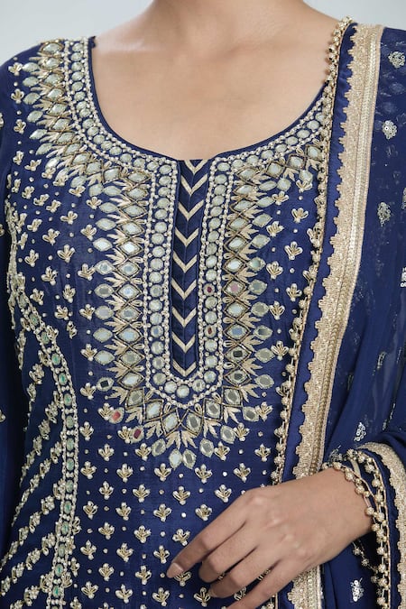 Samyukta Singhania_Blue Georgette Embroidery, Pearls, Sequins Round Straight Kurta Sharara Set _Online_at_Aza_Fashions