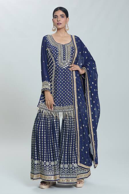 Shop_Samyukta Singhania_Blue Georgette Embroidery, Pearls, Sequins Round Straight Kurta Sharara Set _Online_at_Aza_Fashions