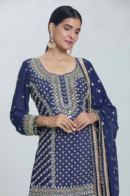 Samyukta Singhania_Blue Georgette Embroidery, Pearls, Sequins Round Straight Kurta Sharara Set _at_Aza_Fashions