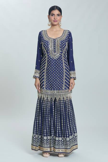 Buy_Samyukta Singhania_Blue Georgette Embroidery, Pearls, Sequins Round Straight Kurta Sharara Set 