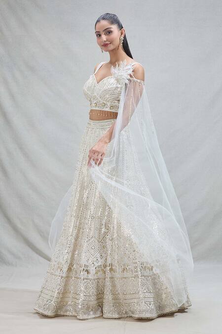 Samyukta Singhania_White Georgette Sequins, Beads, Regal Floral Lehenga With Cape Blouse_at_Aza_Fashions