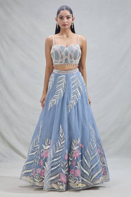 Samyukta Singhania_Grey Net Beads, Sequins, Embroidery Sweetheart Neck Flower Vine Lehenga Set_Online_at_Aza_Fashions