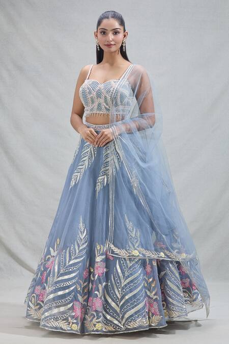 Buy_Samyukta Singhania_Grey Net Beads, Sequins, Embroidery Sweetheart Neck Flower Vine Lehenga Set_Online_at_Aza_Fashions
