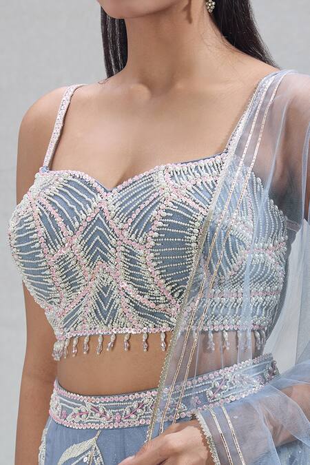 Shop_Samyukta Singhania_Grey Net Beads, Sequins, Embroidery Sweetheart Neck Flower Vine Lehenga Set_Online_at_Aza_Fashions