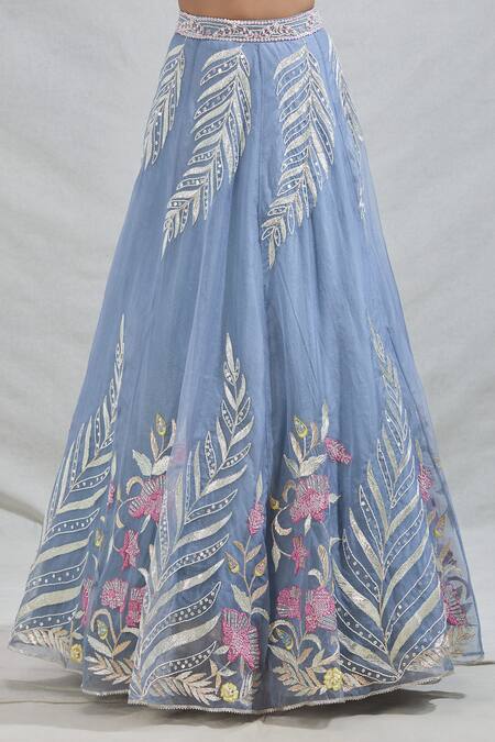 Samyukta Singhania_Grey Net Beads, Sequins, Embroidery Sweetheart Neck Flower Vine Lehenga Set_at_Aza_Fashions