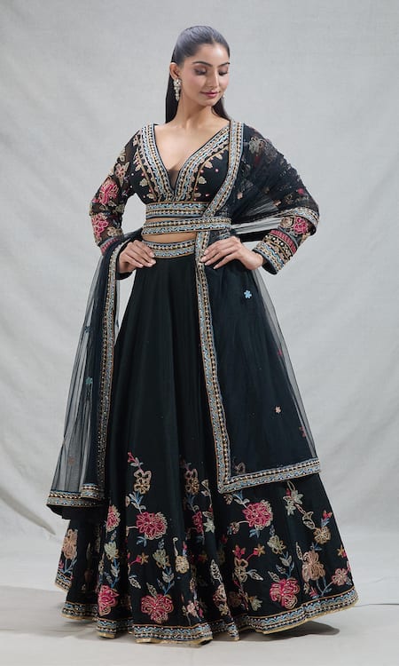 Shop_Samyukta Singhania_Black Silk Embroidery, Sequins, Beads, Stones V-neck Flower Garden Lehenga Set _Online_at_Aza_Fashions