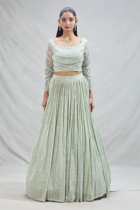 Samyukta Singhania_Green Georgette Sequins, Beads Scoop Neck Geometric Embroidered Lehenga Set_Online_at_Aza_Fashions