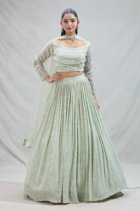 Buy_Samyukta Singhania_Green Georgette Sequins, Beads Scoop Neck Geometric Embroidered Lehenga Set_Online_at_Aza_Fashions